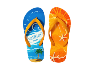 Pair of colorful flip-flops with beach scene graphics