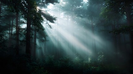 Naklejka premium Sunlight streams through a dense misty forest canopy casting ethereal rays and illuminating the tranquil woodland