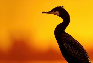 Silhouette of a cormorant against the golden sunset sky.