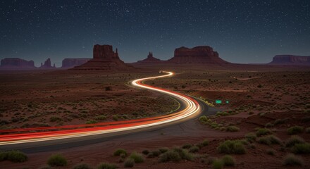Nighttime road trip through desert landscape