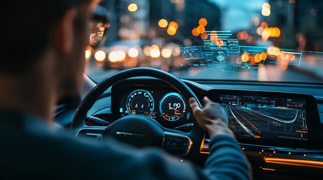Driver using futuristic holographic navigation in a smart car - Powered by Adobe