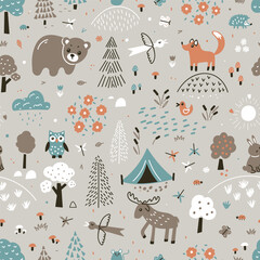 Cute Forest Animals. Wildlife Seamless Vector Pattern. Playful background with bear, fox, elk, and owl in woodland for kids room wallpaper and textile design