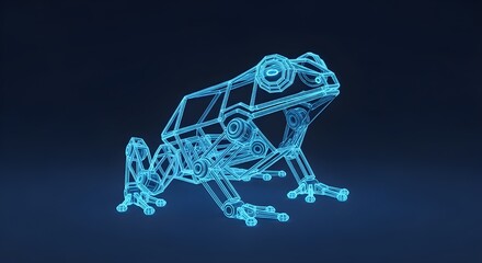 Blue wireframe robotic frog with glowing lines on dark background technology