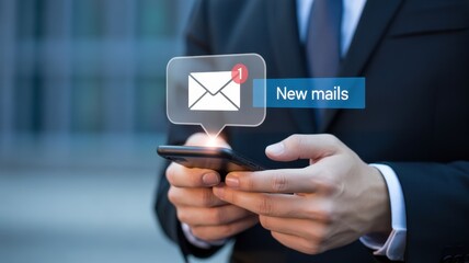 Digital Inbox: A business professional checks for new messages on a modern smartphone, showcasing the seamless integration of technology and professional life.