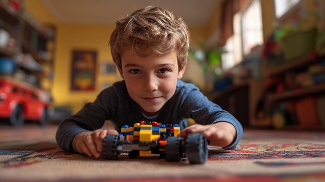 Young boy playing with a colorful construction toy car