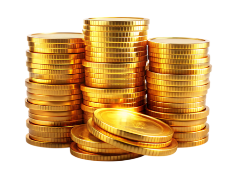 Stacks of Shiny Gold Coins on cutout png money isolated on a transparent background - Powered by Adobe