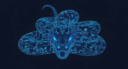 Close Up Neon Blue Wireframe Snake Head With Circuitry Details serpent reptile