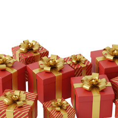 Group of gift boxes with golden ribbons and red wrapping