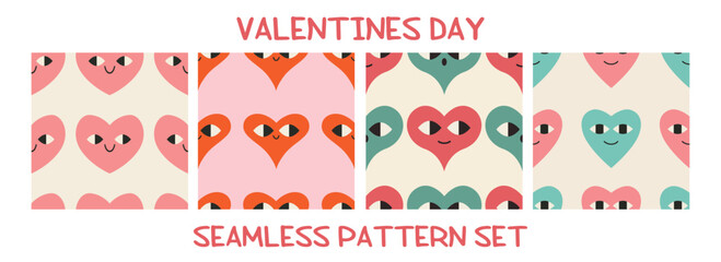 Valentine's Day Seamless Heart Pattern Set. Charming heart designs with playful faces in various colors. Ideal for festive decorations and creative projects. Vector illustration
