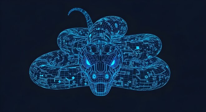 Close Up Neon Blue Wireframe Snake Head With Circuitry Details serpent reptile
