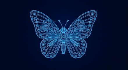 Intricate Blue Wireframe Mechanical Butterfly 3D Model insect
