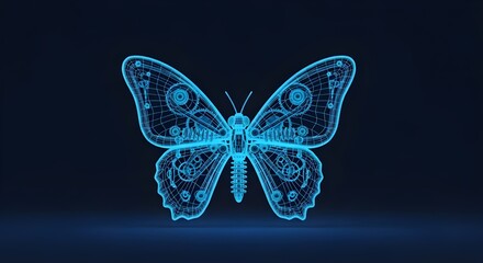 Mechanical Blue Wireframe Butterfly 3D Model on Dark Background insect