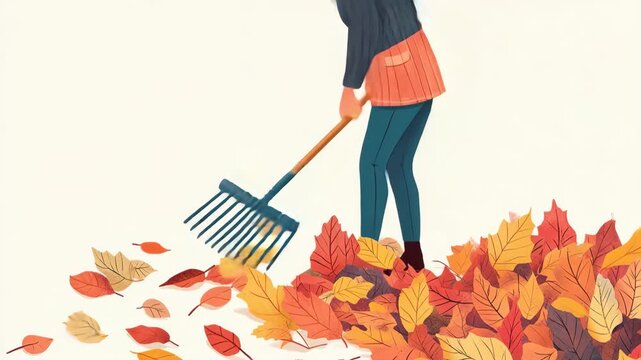 video of person raking colorful autumn leaves into pile while figure slowly moves left on white background with scattered foliage concept of gardening seasonal work autumn lifestyle and environmental 
