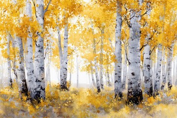 Watercolor painting forest landscape of birch trees in autumn.	
