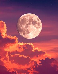 Full moon, vibrant sunset clouds