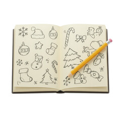 Hand drawn christmas design illustrations in open sketchbook