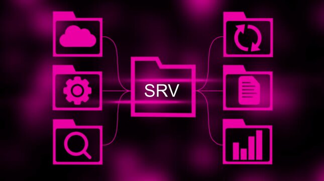 Digital data management system with cloud storage sync settings search analytics and document icons connected to central folder concept for technology and business organization
