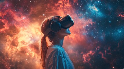 Fototapeta premium Woman in VR exploring a vibrant cosmic nebula universe
