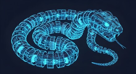 Segmented Blue Neon Wireframe Robotic Snake On Dark Background mechanical