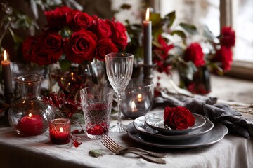 Fototapeta premium Romantic table setting with red roses and candles for valentines day dinner