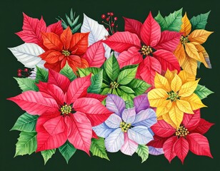 Vibrant poinsettia bouquet on dark green background