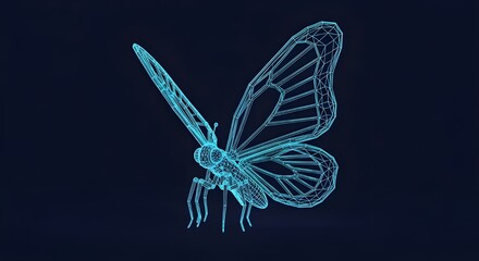 Side View Blue Wireframe Butterfly 3D Model on Dark Background insect