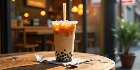 Obraz premium Refreshing Bubble Tea on Wooden Table in Cozy Cafe Setting