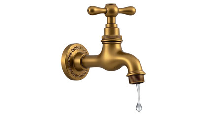 Water Drop Dripping from Brass Faucet &ndash; Plumbing and Water Concept Isolated on Transparent Background