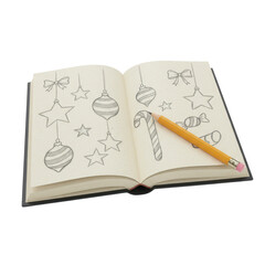 Open book with christmas decorations drawings and a pencil