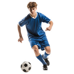 Obraz na płótnie Canvas Teen athlete in blue uniform dribbling soccer ball focused on the game with determination and skill during practice