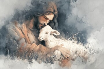 Watercolor painting of Jesus Christ gently holding a lamb.