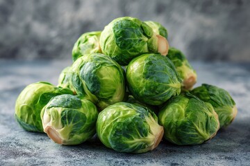 Fototapeta premium Pile of fresh Brussels sprouts on a rustic gray surface, vibrant green, high detail
