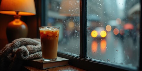 Cozy Cafe Scene with Milk Tea on Rainy Day by Window