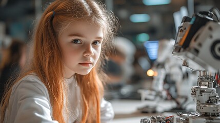 Smart Girl with Red Hair Studying Robotics in a Tech Lab