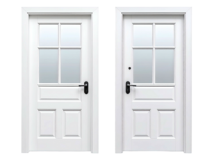 Two identical white doors with frosted glass panels