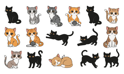Fototapeta premium Cute Cartoon Cat Breeds and Poses Collection