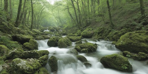 Forest river water flowing over mossy rocks
