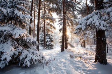 Fototapeta premium Winter snow-covered forest with pine trees and soft sunlight