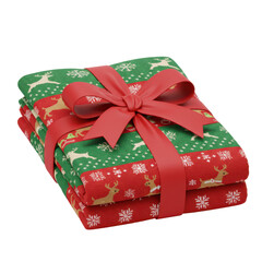 Stack of christmas gift wrapped in red ribbon with reindeer design