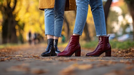Women standing in a park in autumn. Focus on their fashionable ankle boots.