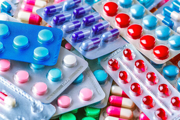 Drug prescription for treatment medication. Pharmaceutical medicament, cure in container for health. Pharmacy theme, capsule pills with medicine antibiotic in packages.