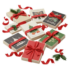 Stacked christmas cards decorated with ribbons and holly holiday gift wrapping