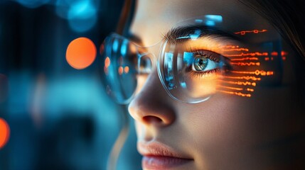 Futuristic developer analyzing data through smart glasses