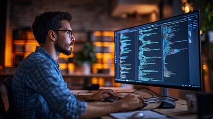 Male Programmer Focused on Writing Code Late in the Office