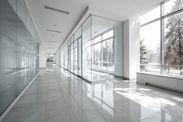 Fototapeta premium Empty modern office space with glass walls and natural lighting