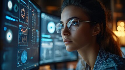 Focused data analyst examining complex information on screens