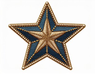 Obraz premium Intricate Embroidered Star Patch with Denim and Gold Thread Ornament on White Background