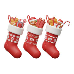 Three christmas stocking with gifts and treats hanging isolated on transparent background