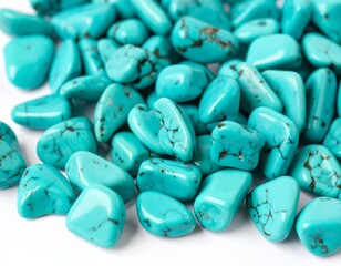 Generated image　鮮やかなターコイズの磨かれた天然石が美しく並ぶクローズアップ写真