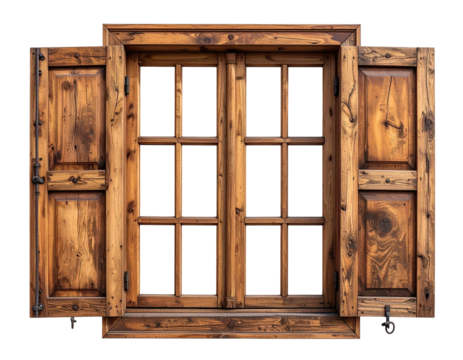 Aged, wooden window with shutters, divided into sections, displaying panes
